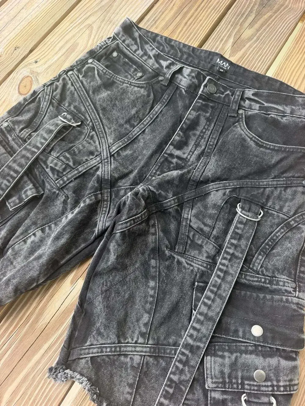 boohooMAN Denim Shorts Size 32 Black Strap Cargo Jorts